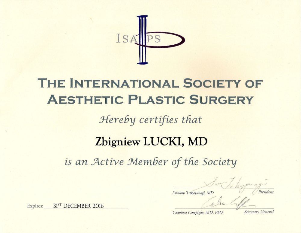 Certyfikat aktywnego członkostwa w International Society of Aesthetic Plastic Surgery — Zbigniew Łucki