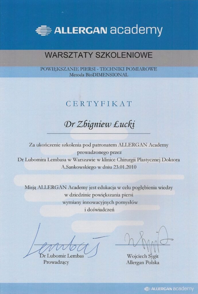 Dyplom z warsztatów Allergan — Zbigniew Łucki