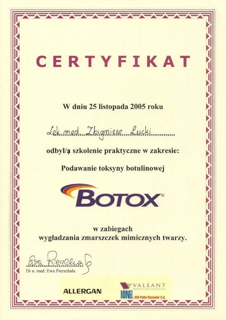 Certyfikat szkolenia z podawania toksyny botulinowej — Zbigniew Łucki