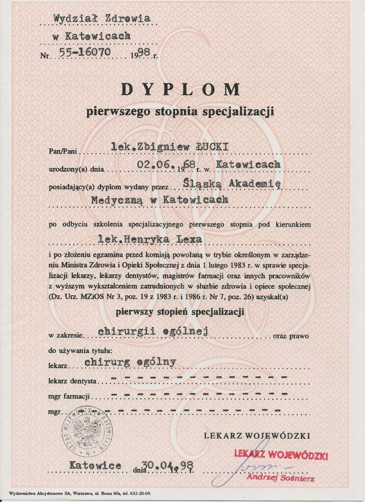 Dyplom pierwszego stopnia specjalizacji w zakresie chirurgii ogólnej — Zbigniew Łucki, Wydział Zdrowia w Katowicach, 1998