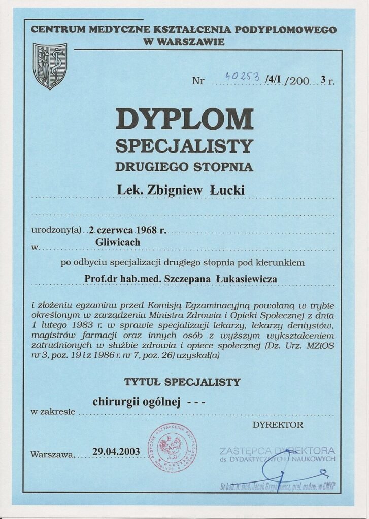 Dyplom specjalisty drugiego stopnia w zakresie chirurgii ogólnej — Zbigniew Łucki, Centrum Medyczne Kształcenia Podyplomowego w Warszawie, 2003