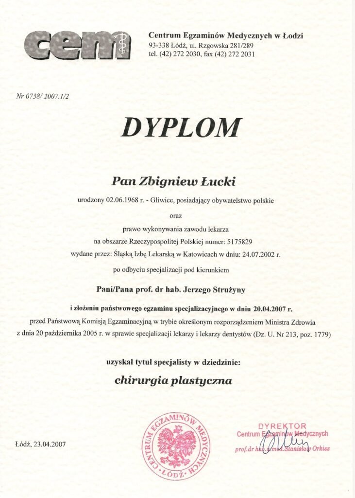 Dyplom specjalisty w dziedzinie chirurgii plastycznej — Zbigniew Łucki, Centrum Egzaminów Medycznych w Łodzi, 2007