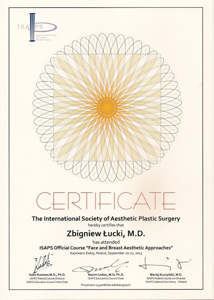 Certyfikat ukończenia kursu ISAPS „Face and Breast Aesthetic Approaches" — Zbigniew Łucki, Kazimierz Dolny, 2013