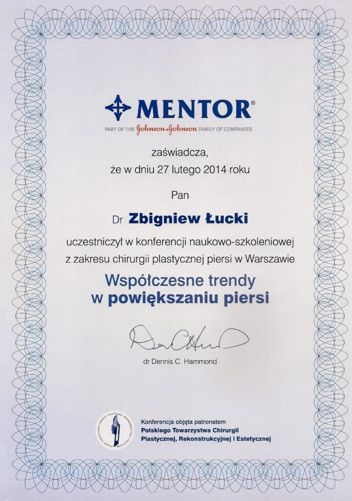Zaświadczenie z konferencji „Współczesne trendy w powiększaniu piersi" — Zbigniew Łucki, Warszawa, 2014