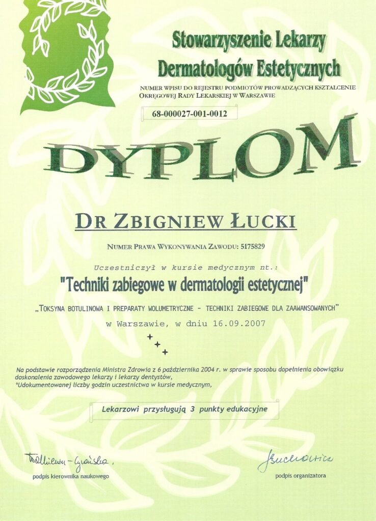 Certyfikat szkolenia z dermatologii zabiegowej — Zbigniew Łucki