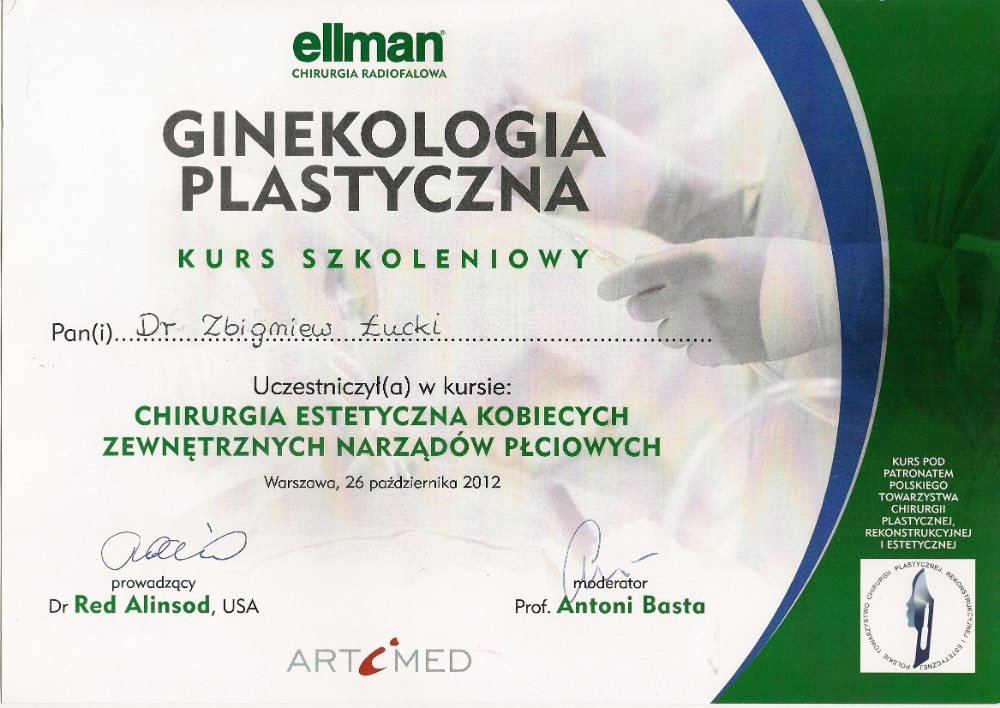Certyfikat szkolenia z ginekologii plastycznej — Zbigniew Łucki
