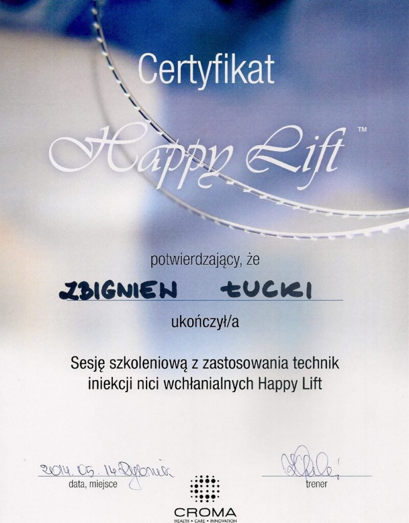 Certyfikat szkolenia z nici liftingujących Happy Lift — Zbigniew Łucki