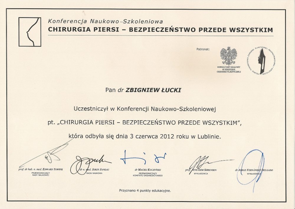 Certyfikat konferencji o bezpieczeństwie w chirurgii piersi — Zbigniew Łucki