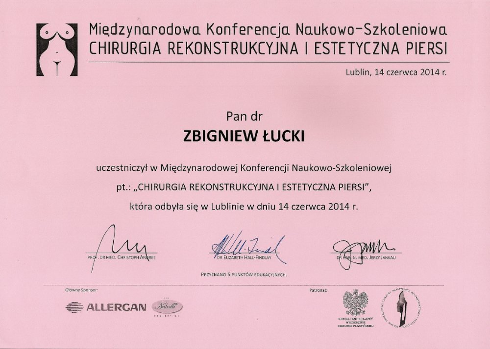 Certyfikat szkolenia z rekonstrukcji piersi — Zbigniew Łucki