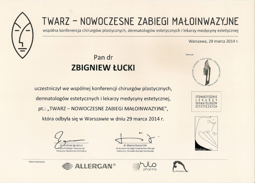 Certyfikat szkolenia z zabiegów małoinwazyjnych — Zbigniew Łucki